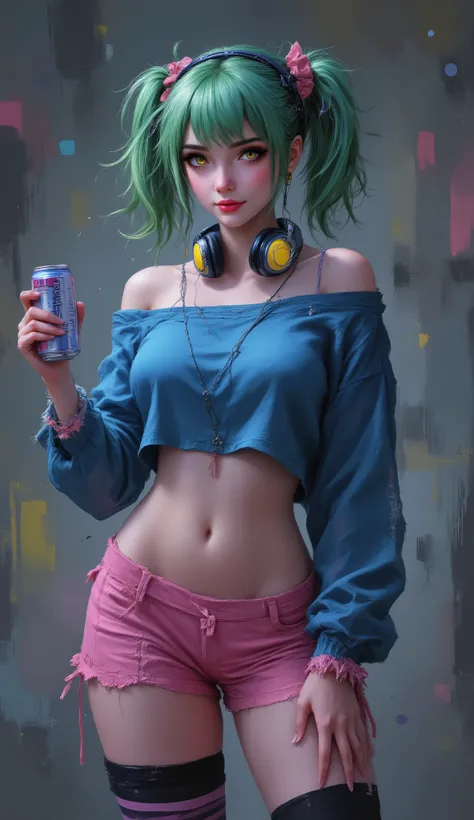 (chiaroscuro, muted colors, abstract background, abstract), zuharu, (best_quality, detailed, masterpiece, very_aesthetic, absurdres), BREAK 1girl, upper_body, adult, abstract background, BREAK headphones_around_neck, headphones, groin, thighhighs, smile, s...