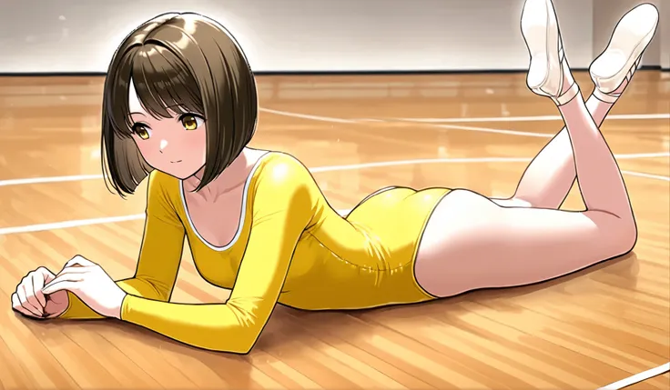 1 girl under school uniform yellow leotard Long Sleeve Leotard Rhythmic gymnastics bob hair in practice Ballet Shoes gymnasium, prone, on stomach,
