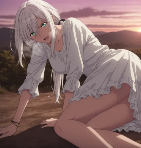 masterpiece, best quality, amazing quality, highres, absurdres, very aesthetic, high resolution, ,ultra detailed, perfect details, from above, 1girl, solo, outdoors,(detailed background:1.2),(()),((dawn, ))pink sky, , minami kano, long hair, low ponytail...