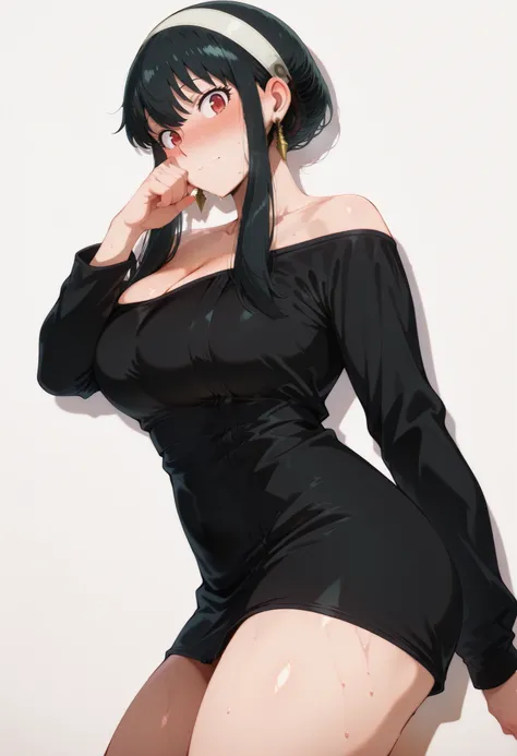 score_9, score_8_up, score_7_up, score_6_up, score_5_up, score_4_up, masterpiece, high quality, yor briar, black hair, red eyes, earrings, white hairband, hairband, long hair, sidelocks, large breasts, shiny skin, shiny hair, shiny body, clear body, large ...