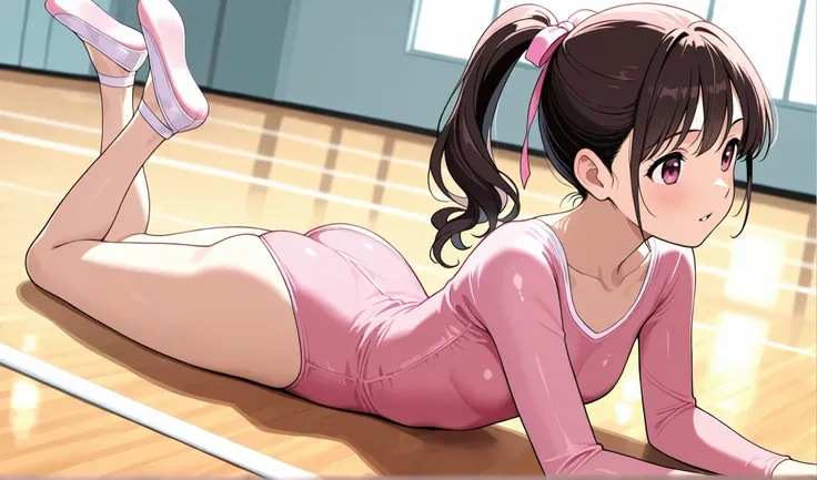 1 girl under school uniform pink leotards Long Sleeve Leotard Rhythmic gymnastics ponytail from the front in practice Ballet Shoes gymnasium, prone, on stomach,