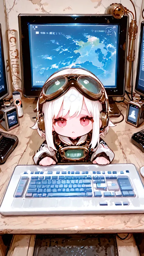 1girl,chibi style,Petite cartoon,the best hacker girl in the world、computer、(Typing on a keyboard)、Background world map、that girl is the center、(computer monitor:1.3),Deformed Characters,on a