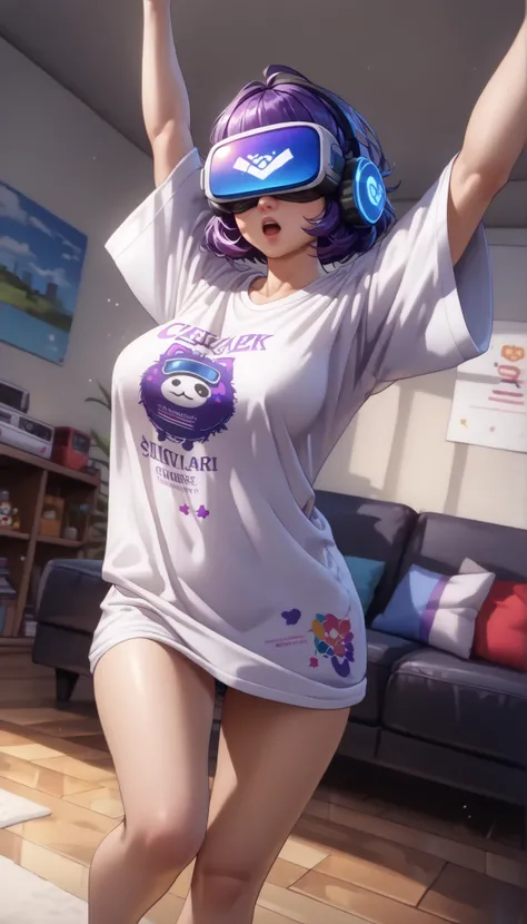solo:1.4, big breasts, anime print shirt, (((baggy t-shirt:1.5, oversized t-shirt:1.4, long t-shirt:1.4))), vr headset:1.5, (flailing arms, arms outstretched, playing vr videogames), ((living room)), derp, geek nerd, clumsy, panty peek, ((dynamic angle, dy...