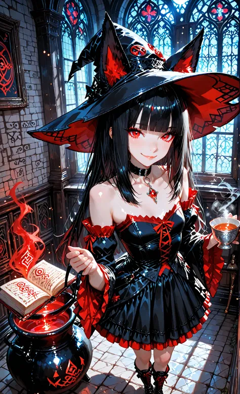 (masterpiece:1.3, 8k:1.3, Highest Quality:1.3, detail:1.3, high resolution:1.3, digital painting, Super Detailed), anime witch, Insert above, watch viewers, Fox_ear, red_eye, long_black_My hair, Brandt _Bang, (detailed eye:1.2), (sharp eye:1.1), soft smil...