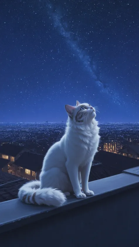 no humans, feral, domestic cat, feline, white fur, blue eyes, long tail, fluffy, whiskers, sitting, looking up, relaxed, outdoors, rooftop, night, starry sky, cityscape, dark