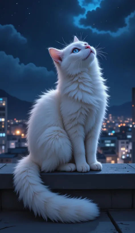 no humans, feral, domestic cat, feline, white fur, blue eyes, long tail, fluffy, whiskers, sitting, looking up, relaxed, outdoors, rooftop, night, starry sky, cityscape, dark
