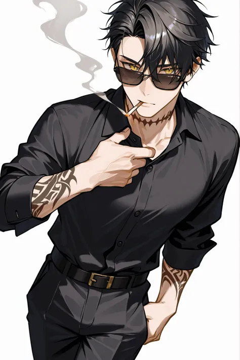 (masterpiece、Highest Quality、high resolution、white background)cowboy shot、solo shot、20 years old、 male、 youth、handsome、black very short hair、asymmetrical bangs、、black collared shirt、black sunglasses、smoking、tobacco、black slacks、yellow eyes、slit pupils、big ...
