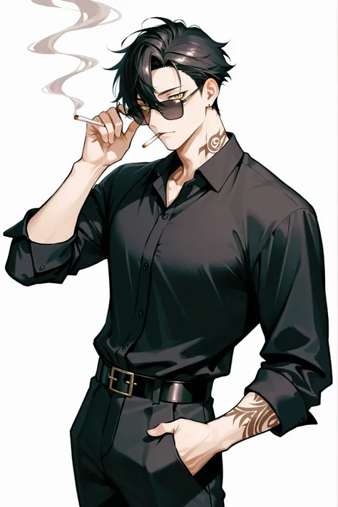 (masterpiece、Highest Quality、high resolution、white background)cowboy shot、solo shot、20 years old、 male、 youth、handsome、black very short hair、asymmetrical bangs、、black collared shirt、black sunglasses、smoking、tobacco、black slacks、yellow eyes、slit pupils、big ...