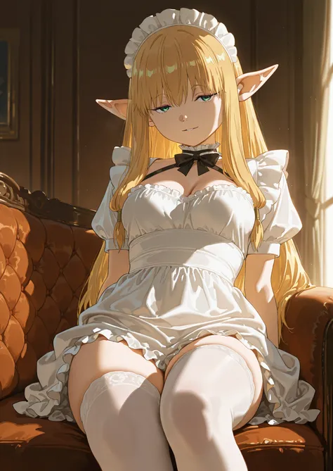 1girl, solo, serie, sousou no frieren, blonde, maid outfit, white thigh highs, naturally sagging medium breasts, sitting in a lounge, highrise luxurious apartment, seductive, sexy erotic pose, alluring atmosphere, beautiful lighting and shadows,BREAK, mast...