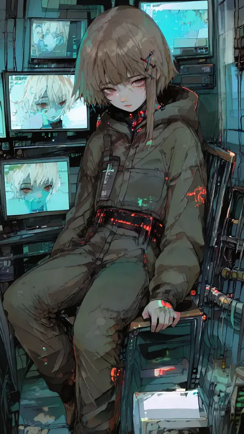 iwakura lain (serial experiments lain) a young girl with short brown hair, sitting in the middle of the image, sitting on a chair in a futuristic laboratory setting, genius, petite girl with confident expression, asymmetrical white hair with cybernetic hai...
