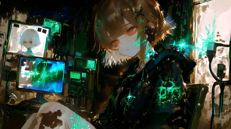 iwakura lain (serial experiments lain) a young girl with short brown hair, sitting in the middle of the image, sitting on a chair in a futuristic laboratory setting, genius, petite girl with confident expression, asymmetrical white hair with cybernetic hai...