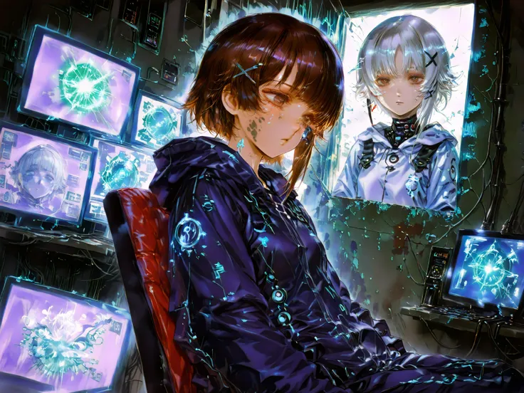 iwakura lain (serial experiments lain) a young girl with short brown hair, sitting in the middle of the image, sitting on a chair in a futuristic laboratory setting, genius, petite girl with confident expression, asymmetrical white hair with cybernetic hai...