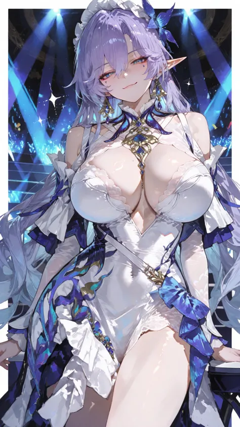 Race Queen Posing,Cantarella Wuthering Waves\(Wuthering Heights\), 1girl, pointed ears,huge breasts,big woman, a toned body, solo, long hair, gem, dress, Elf, white dress, sandals, shoulder out, earrings,,Fleur de lis \(Wuthering Heights\), 1girl, solo, po...