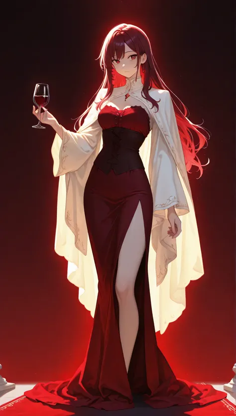 a detailed anime-style character , human, standing , full body , front view ,high quality, detailed eyes,intricate details, holding wine , red,soft lighting, sharp focus, semi real,8k, anime character, vibrant colours , delicate features,detailed eyes...