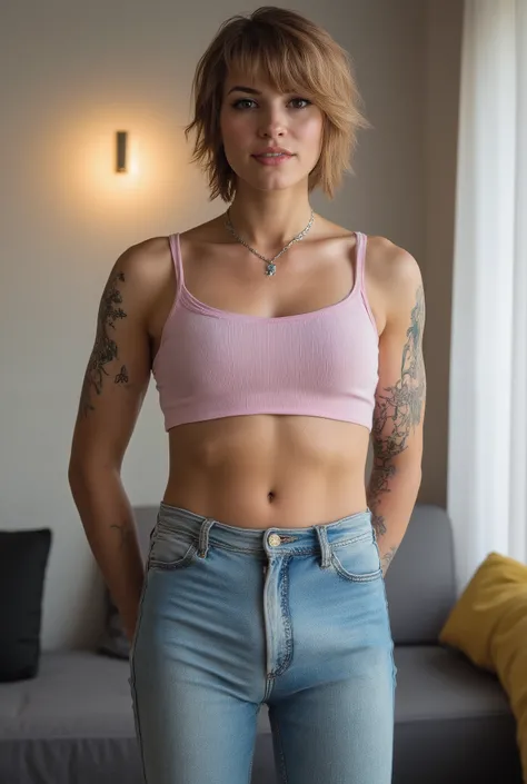 Revealing the outlines of an erect penis,,braces on teeth, photorealistic full-body portrait of femboy in contemporary hotel room, slender petite androgynous figure with delicate features and youthful appearance, wearing tight-fitting leggings that accentu...