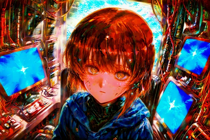 iwakura lain (serial experiments lain) a young girl with short brown hair, sitting in the middle of the image, sitting on a chair in a futuristic laboratory setting, genius, petite girl with confident expression, asymmetrical white hair with cybernetic hai...