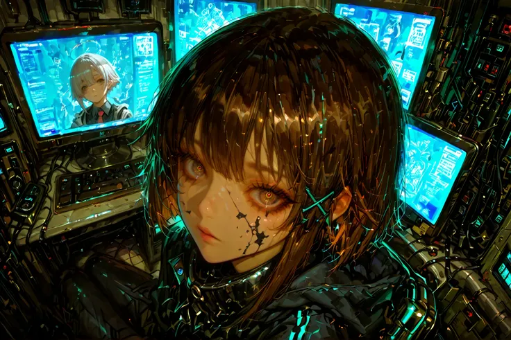 iwakura lain (serial experiments lain) a young girl with short brown hair, sitting in the middle of the image, sitting on a chair in a futuristic laboratory setting, genius, petite girl with confident expression, asymmetrical white hair with cybernetic hai...