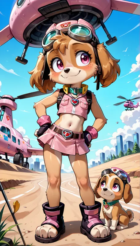 score_9, score_8_up, score_8, source_cartoon, source_furry, 1girl, solo, Skye(PP), dog, anthro, dog, furry, Cockapoo, pink eyes, golden-brown body fur, golden-brown hair, cute face, 4 fingers, standing, ((goggles, pink pilot hat, Skye collar, pink top, mid...