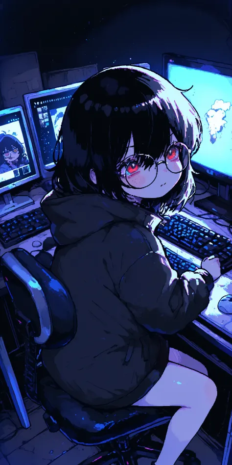 Secret Base,dark room, multiple computers,is hacking,Sitting in front of a computer monitor,child,,1girl,Glasses,Villain facial expression,,,,,Action,dynamic,anime,masterpiece,Highest Quality,great quality,very beautiful,Newest,