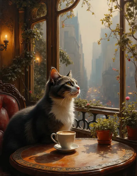 a cat, sitting at a cafe table, drinking from a bowl of coffee, elegant cafe interior, warm lighting, wooden table, intricate tilework, potted plants, cityscape through window, photorealistic, detailed feline features, lifelike textures, dramatic chiaroscu...