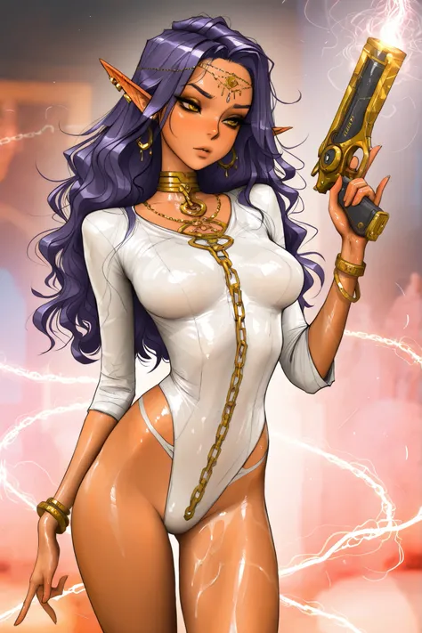 Expressiveh, masterpiece, best quality, very aesthetic, movie quality, depth of field,soft saturation, focused subject, ,official style, shiny skin,  long dark  purple hair, elf ears, curly hair, , yellow eyes, gold eyeshadow, (dark-skinned female
),  athl...