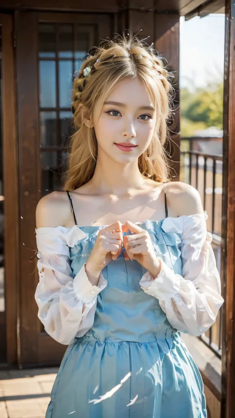 masterpiece、highest resolution、8k、One stroke of a megalopolis、Realistic Expressions、Perfect Proportions、slim body、Small waist、daughter standing、(((heart mark with thumb and index finger on both hands)))、long wavy hair、hair reflects light and shines、A playf...