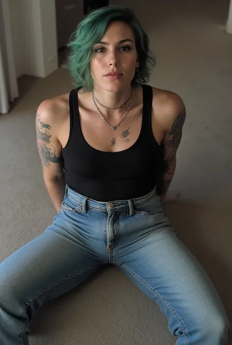 Revealing the outlines of an erect penis,cute skinny femboy in tight jeans sitting with spead legs on floor in front of viewer, androgynous figure, looking up to viewer with a submissive expression, steep high camera angle from above, wearing tank top, per...