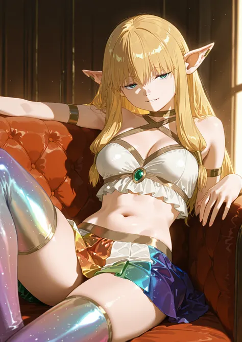 1girl, solo, serie, sousou no frieren, blonde, satin glitter crop top, rainbow plated skirt, thigh highs, naturally sagging medium breasts, sitting in a lounge, nightclub seductive, sexy erotic pose, alluring atmosphere, beautiful lighting and shadows,BREA...