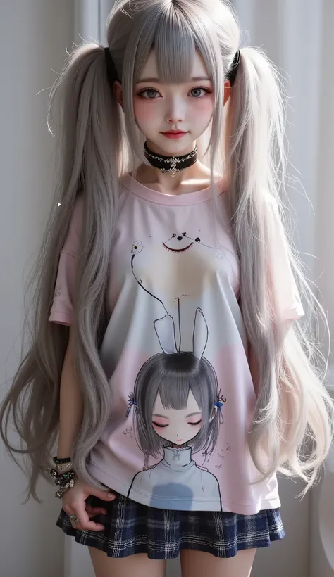 ultra-realistic, photorealistic, dramatic scene, shadow, global illumination, One, bust 1 girl \( teenage Japanese gothic girl, fragile Japanese girl jiraikei, very beautiful with a very cute face, thin waist, light twin tails half black, half white, dishe...