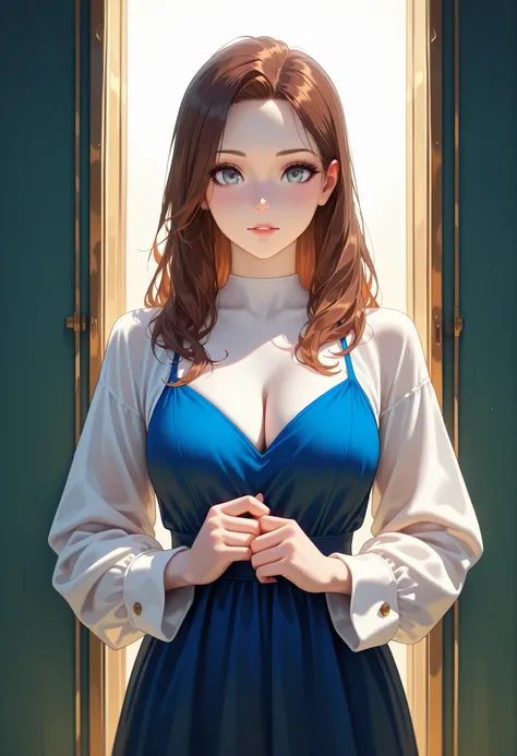 Girl, brown hair, gray eyes, calm features, white skin, handsome, perfect, masterpiece, wearing a dress with sleeves, bright colors, high quality resolution .