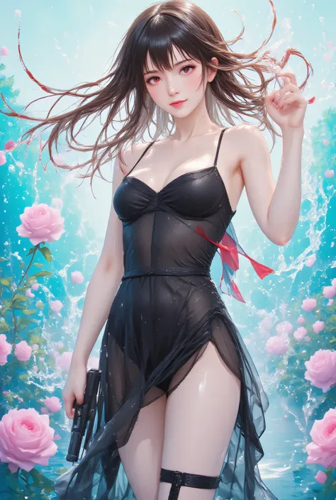 (masterpiece:1.2,excellent quality,Mirror-like,cinematic experience,Stylish colors),,,,,  1girl, Rose Flower and Assassin、Assassin's Girl , Black Sexy Dress、Hold a Handgun、Rose flower background、blood splash effect、 Silk Dress、 Clear, translucent, Assassin...