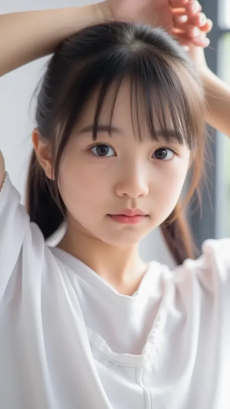 big eyes、smile ヤン、sounds fun、black hair long twin tail that is backlit and looks beautiful through、my chest is open to the bottom of my stomach、I can see a button on my stomach、肌の露出がandても多い、The cutest middle school student in the world、 crosses her arms...
