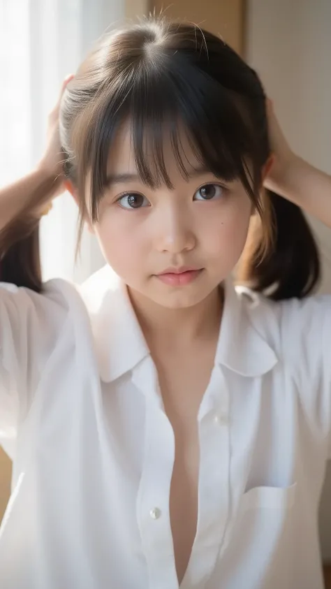 big eyes、smile ヤン、sounds fun、black hair long twin tail that is backlit and looks beautiful through、my chest is open to the bottom of my stomach、I can see a button on my stomach、肌の露出がandても多い、The cutest middle school student in the world、 crosses her arms...