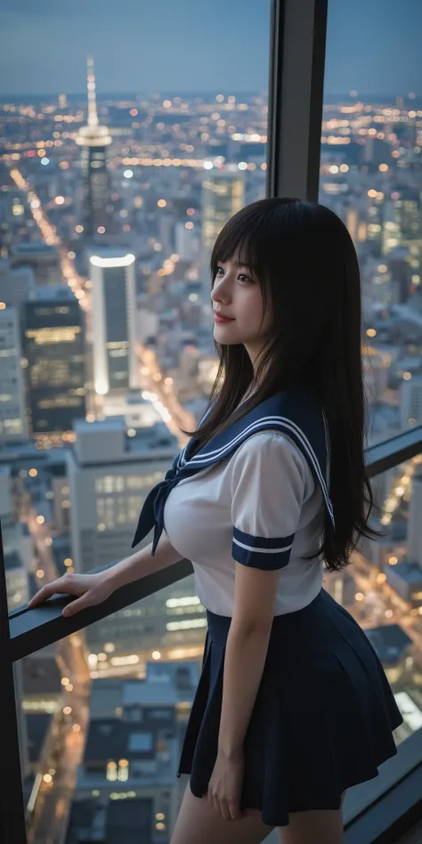 (photorealistic, best quality, 8K), a beautiful girl, a Japanese high school girl in sailor uniform, mini pleated skirt, long black hair, huge breasts, (Looking at the magnificent city night view), smiling, (((global illumination, Spectacular views looking...
