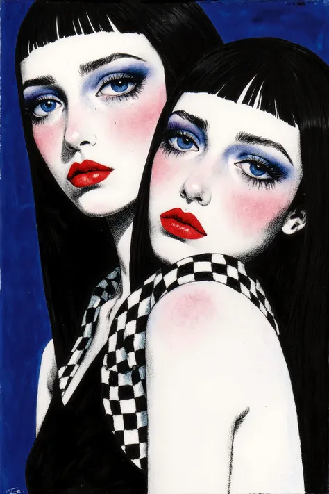 Illustration, close-up portrait of two women. They wear contemporary makeup: fair skin, vivid blue eyes, and striking red lips. Each has long, evenly cut black hair styled upward, and they wear outfits featuring black-and-white checkered collars on their s...