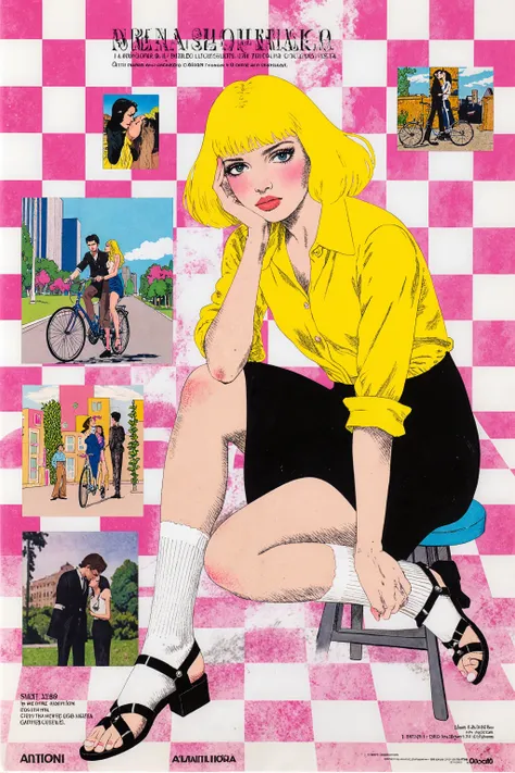 illustration,The main subject is a white woman in her early twenties with blonde hair. She wears a soft yellow shirt, a black miniskirt, knee-high white socks, and black strappy shoes. Supporting her chin with her left hand, she gazes at the camera with a ...