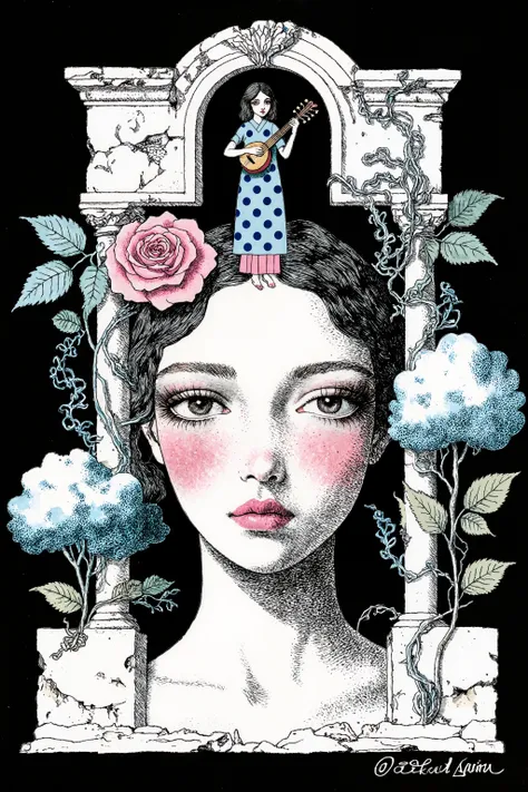 A surreal illustration featuring a pale-skinned, young woman's face dominating the composition, composed in a style reminiscent of Art Nouveau and Japanese illustration. Her large eyes are almond-shaped, gazing forward, with pink blush on her cheeks, and r...
