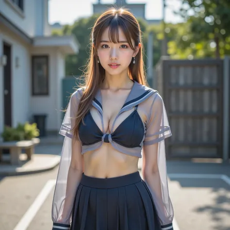 greatest masterpiece, Highest Quality, 1girl, (Japanese top idols wear Japanese uniforms with makeup like GAL:1.10), (wide shot of a beautiful Japanese woman's full body:2.2), (HYPERREALISTIC RAW PHOTO PORTRAIT PHOTO), ((watch viewers)), (Ultra Clear Focus...