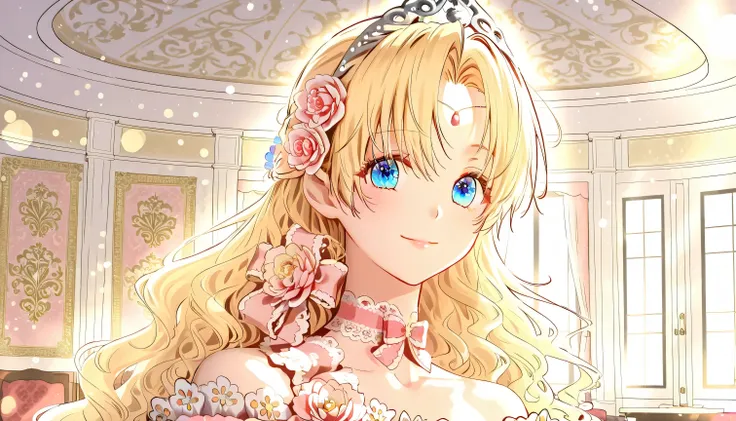 masterpiece, best quality, absurdres, high quality, detailed illustration, dreamy atmosphere, debutanteoutfit, 1girl, solo, athanasia, blonde hair, blue eyes, wavy hair, curly hair, long hair, tiara, headpiece, hair flower, pink flower, jewelry, choker, ba...