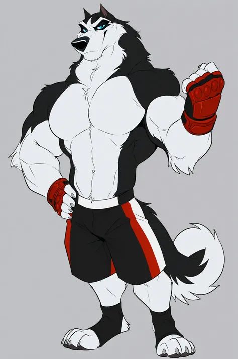 Steeleblt0, alaskan malamute, steele, steele (balto), (white fur, black fur), solo, alaskan malamute, dog, 4k, high quality, best resolution, detailed, male, masculine, very swole muscular, big pecs, broad shoulders, big body, thick arms, smirky face, UFC ...