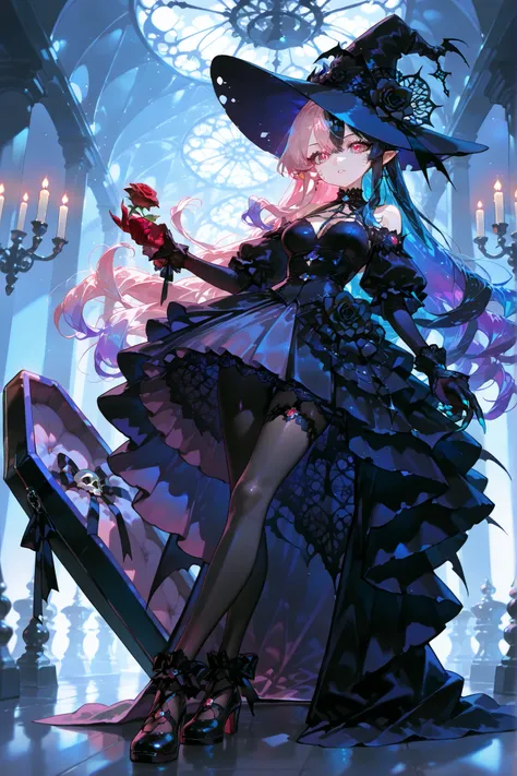 (SPLIT-COLOR HAIR,MULTICOLORED HAIR, TWO-TONE HAIR,) The vampire witch lady. She has pale skin covered with glitter and pointy ears. She has crimson eyes, pink fuchsia lips and red-pink eyelashes. She has long turquoise curly hair , the ends of her loose h...