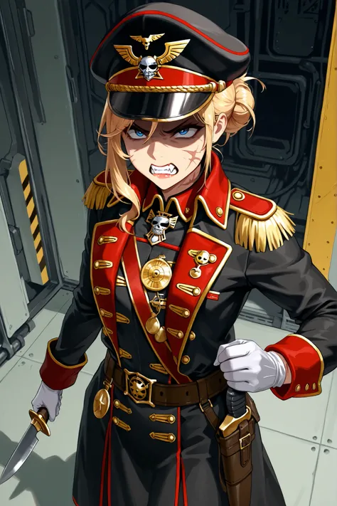 UHD, masterpiece, anatomically correct, super detail, best quality, high-res, 16k, solo, 1girl, Mature woman, small body, low, flat chest, bun short golden hair long forelock, fangs, commissar cap, commissar jacket, war clothes, gloves, angry, shaded face,...