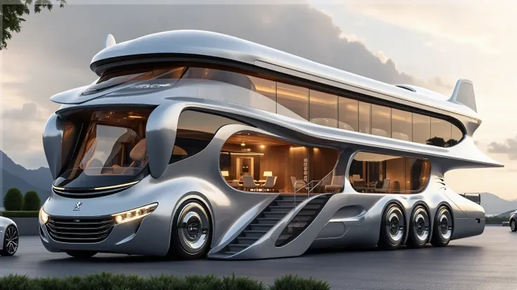 DE_style, A futuristic ultra-luxury motorhome parked outdoors with mountains in the distant background, designed with a sleek aerodynamic silver metallic body. The front has a bold curved design with a large panoramic tinted windshield wrapping around, res...
