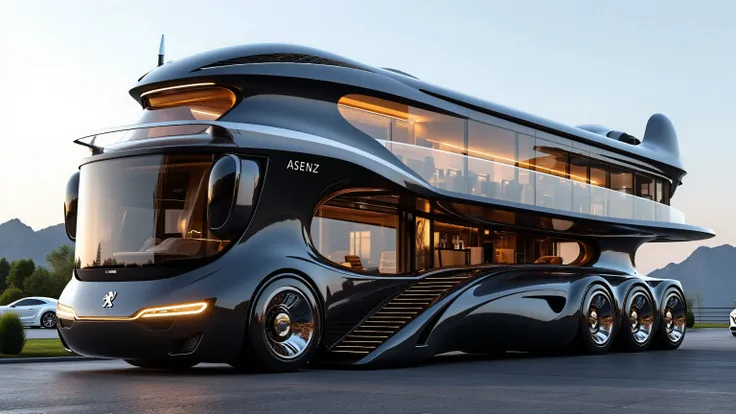 DE_style, A futuristic ultra-luxury motorhome parked outdoors with mountains in the distant background, designed with a sleek aerodynamic black metallic body. The front has a bold curved design with a large panoramic tinted windshield wrapping around, rese...