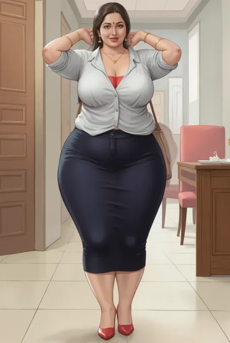 A breathtaking high-quality painting by renowned artist Manimala, centered composition, perfect framing, no cropping, full body shot , depicting a beautiful 45-year-old Indian woman, (Full body image (top to bottom), voluptuous body, chubby Indian plus siz...