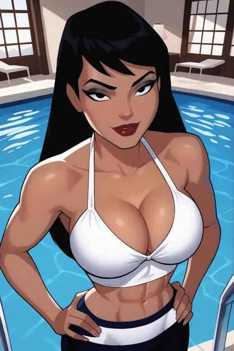 BREAK, score_6_up, score_7_up, score_8_up, score_9, 1girl, solo, Drlight, long hair, black hair, black eyes, lipstick, makeup, dark-skinned female,  very large breasts, busty, cleavage, curvy, athletic, midriff, looking at viewer, seducing viewer, teasing ...