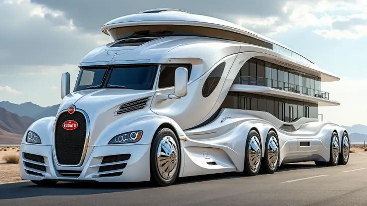 armored vehicle, A futuristic luxury motorhome designed in the style of a Bugatti, with a sleek, aerodynamic pure white metallic body that blends ultra-modern automotive design with architectural aesthetics. The front cab has a distinctive Bugatti-style gr...