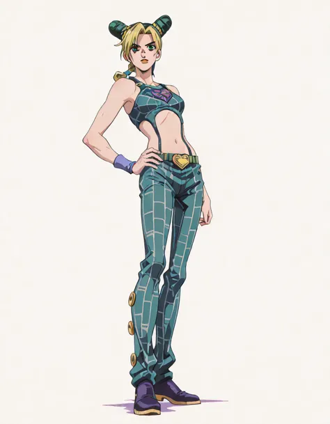 masterpiece masterpiece, ultra-HD, impressionism, high detail, best quality, very aesthetic, 8k, best quality, beautiful , anime coloring , kujo jolyne (JOJO) , solo, 1girl, kooking at viewer, green hair, blonde hair, green eyes, official clothing, ...