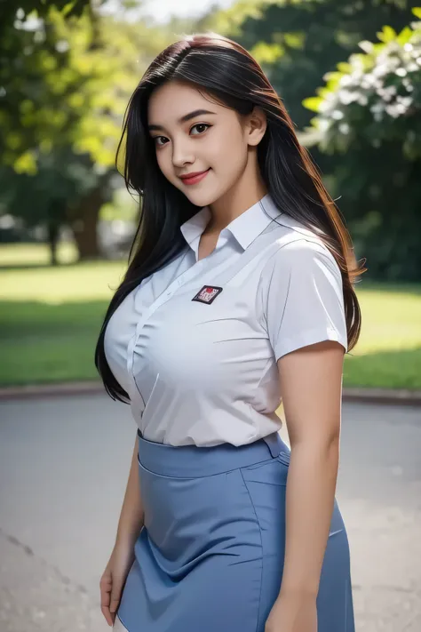 1girl, solo, 19 years old, (uniform), detailed Metropolitan city at the background, portrait, semi-thick breasts, semi-curvy body, smooth realistic skin, cute smile, white shirt, grey blue short skirt, looking at the audience, high angle shot,(8k, RAW phot...