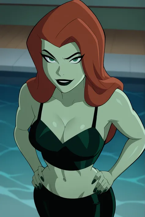 BREAK, score_9_up, score_8_up, score_7_up, score_6_up, poison ivy, 1girl, solo, ginger hair, long hair, black eyebrows, makeup, black lipstick, green skin, looking at viewer, seducing viewer, teasing viewer, best quality, high quality, seductive expression...